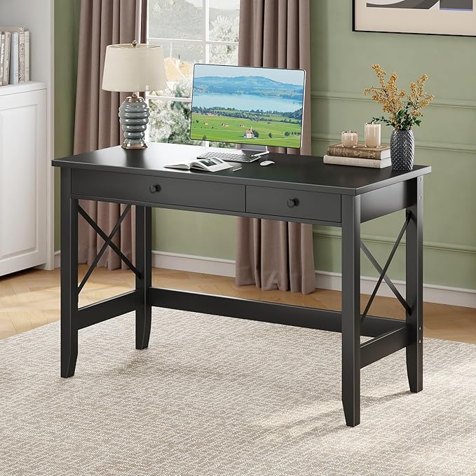 JSB 43.3'' Black Computer Desk for Home Office,Farmhouse Executive Desk with 2 Drawers,Study Writing Table Storage Cabinet,Makeup Vanity Desk for Bedroom (Black, 43.3 inch)