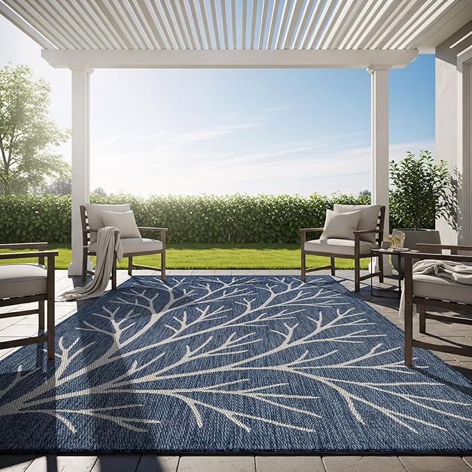 Washable Indoor Outdoor Rug 6x9 Modern Area Rugs Branch Pattern Non Shedding Waterproof Easy Clean Patio Deck Porch Living Room Bedroom Garden RV (6 X 9 Blue)