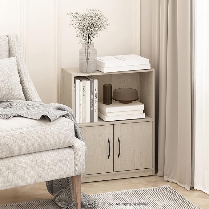Furinno GRUEN Book Shelf, 2-Tier Small Bookshelf, Bookcase with Open Shelf and Doors Storage Cabinet, 9.3 x 21.8 x 27, for Organization, for Living Room, Bedroom, Home Office, Metropolitan Pine