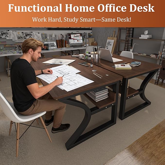 AZN Computer Desk, 55x24 in Computer Desk, Office Desk w/Storage & U-Size Metal Frame for Home Office Bedroom Gaming, Office Desk w/Water-Resistant, Scratchproof Surface, Dark Walnut