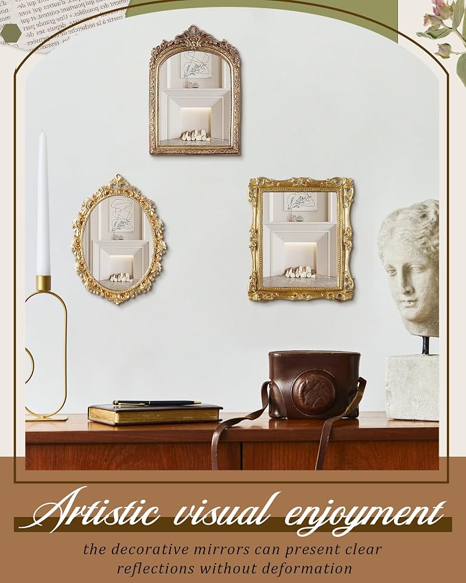 Wonderjune 3 Pcs Vintage Gold Mirror Set Wall Decorative, 8-15in Vintage Wall Mirror Hanging Antique Hanging with Stand for Living Room Home Wedding Decor(Retro Mixed Style, 12in/10in/8in)