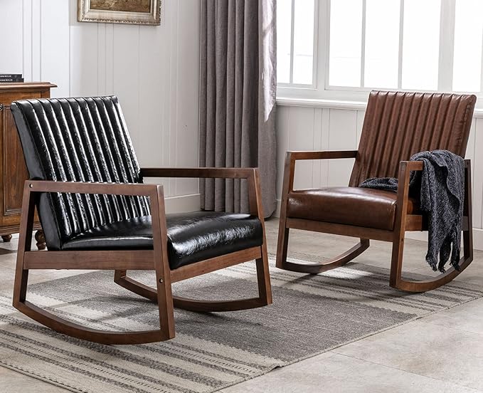 VESCASA Upholstered Rocking Chairs with Channel-Tufted Back, Mid-Century Modern Comfy Oil Wax PU Leather Rockers with Black Walnut Wood Frame for Nursery Living Bedroom Indoor, Set of 2, Brown