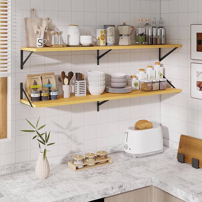Deep Floating Shelves,55" Wx10 D Wood Wall Shelves Set of 2,Long Wood Floating Shelf with Metal Brackets,Floating Bookshelf for Living Room,Kitchen,Office,Bedroom,Decor Storage,Oak