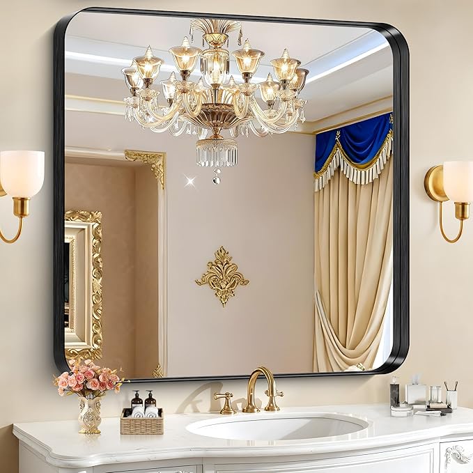 CIRCUMI Black Bathroom Mirror, 42"x42" Rectangular Mirror with Deep Metal Frame, Rounded Corner, Tempered Glass, Mirror for Wall, Oversink, Bedroom, Installed Vertically/Horizontally, Crystal-Clear