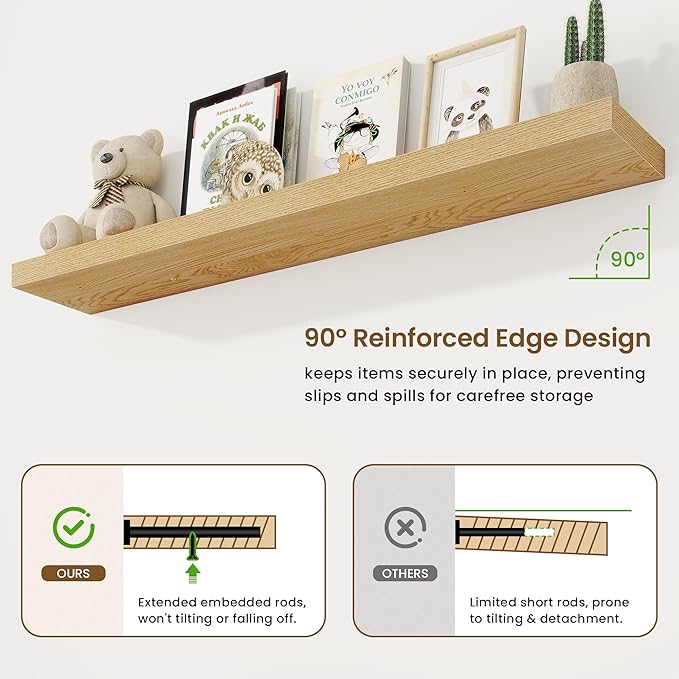55in Floating Shelves for Wall, 55"W x 9.25"D x 1.5"H, Long Wall Mounted Engineered Wood Shelves with Invisible Brackets for Living Room, Bedroom, Bathroom, Kitchen Decor and Storage, Oak