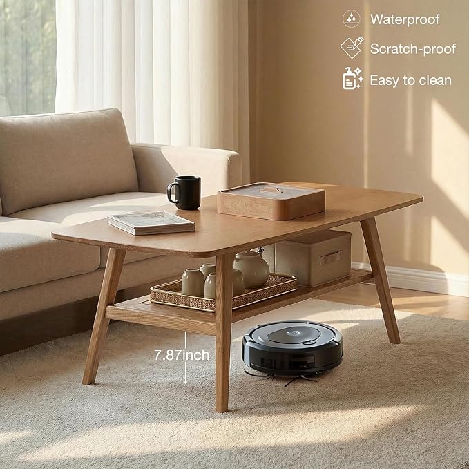 Mid Century Modern Coffee Table: 100% Solid Wood Coffee Table - 2-Tier Storage Design - Practical Coffee Tables for Living Room, Apartment, Easy Assembly (Natural, 47.24")