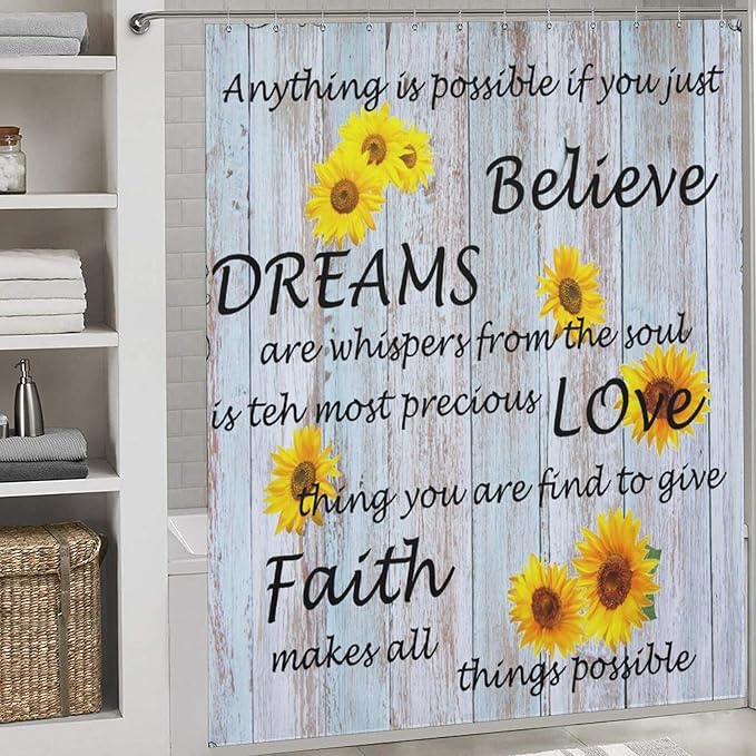 Farmhouse Sunflower Inspirational Quotes Shower Curtain Flower Wooden Background Waterproof Shower Curtains for Bathroom Decor 12 Pack Hooks 72x72in (183x183cm)