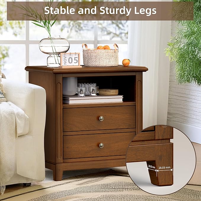 Farmhouse Nightstand with Charging Station, Solid Wood End Table with 2 Large Drawers & Open Shelf, Bedside Table with USB Ports and Outlets, Rustic Wood for Bedroom