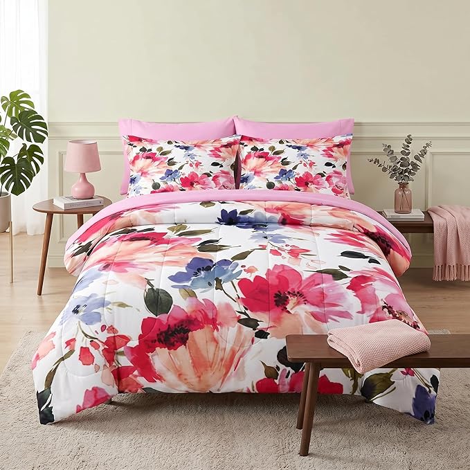 Pamnest Comforter Set Full Size, Flower Floral Leaf 7 Pcs Bedding for Kids and Adults, Painting Summer Spring Bed Sheet Sets with Fitted Sheet 2 Pillowcases & 2 Shams for Bedroom Bed Decor