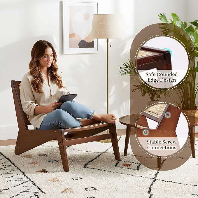 Furlide Mid-Century Accent Chair, Rattan Lounge Chair for Living Room, Boho Side Corner Comfy Chair for Bedroom and Balcony, Walnut
