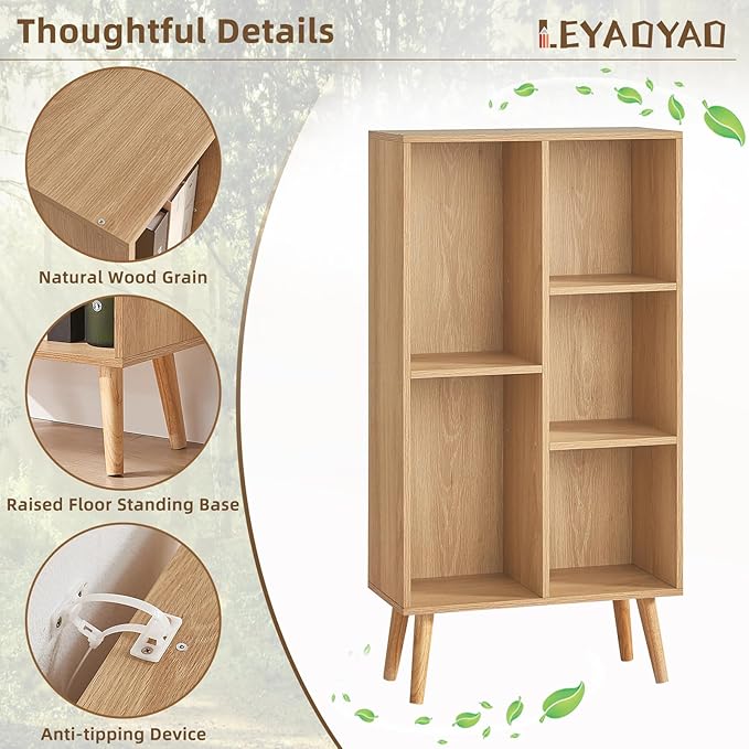 LEYAOYAO 5 Cube Bookshelf 3-Tier Bookcase with Legs,Mint Light Wood Kids Book Shelf Cute Storage Organizer,Free Standing Open Toy Shelves Wood Bookshelves,Display Bookcases for Bedroom,Living Room