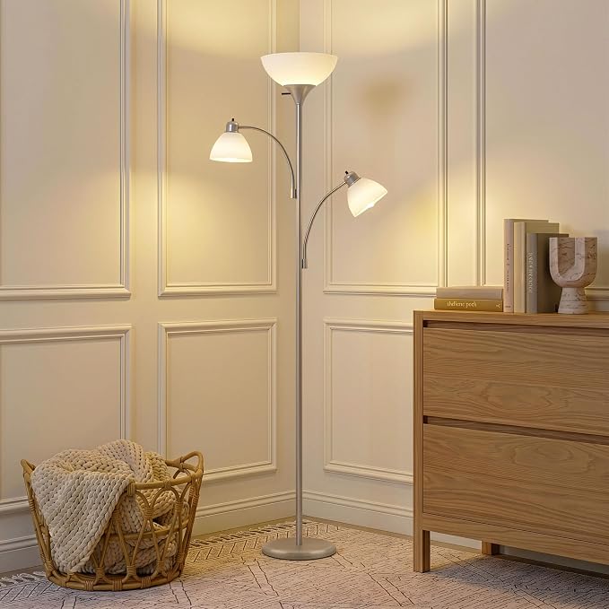 Brightech Sky Dome Double LED Floor lamp, Torchiere Super Bright Floor Lamp with 2 Reading Lamps for Living Rooms & Offices - Dimmable Tall Standing Lamp for Bedroom Reading - Tall Silver Pole