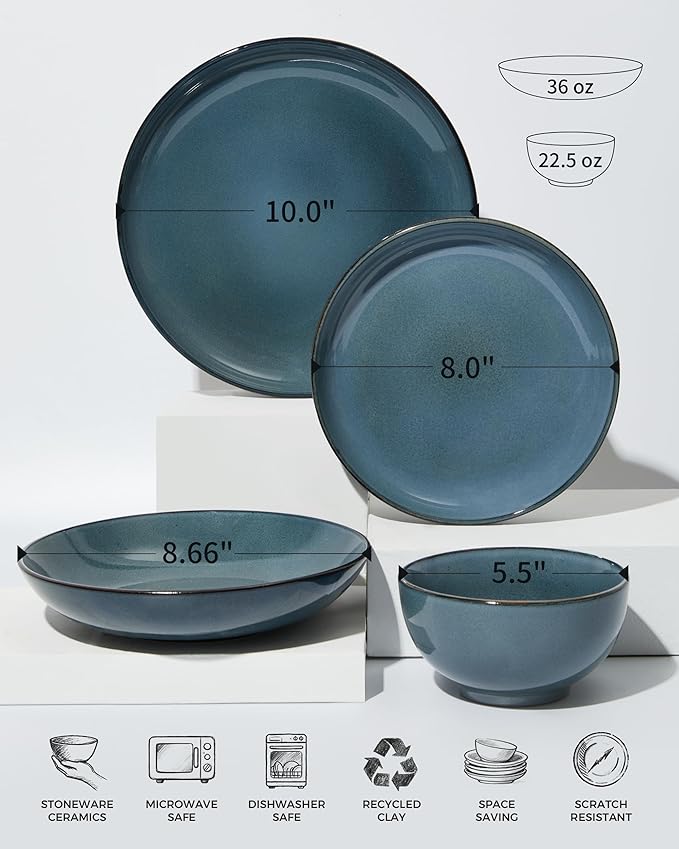 16 Piece Double Bowl Dinnerware Sets with Pasta Bowls, Highly Chip and Crack Resistant Plates and Bowls Sets, Natural Earthyware Ceramic Dishware Sets, Service for 4 Jeans Blue