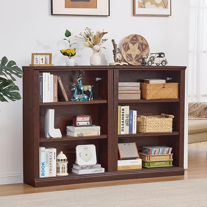 43" Walnut Tall Bookshelf Set of 3,3-Tier Thick Wooden Book Shelf with Adjustable Shelves,Free Standing Farmhouse Bookcase with Open Display Storage,Floor Vintage Bookshelves for Living Room