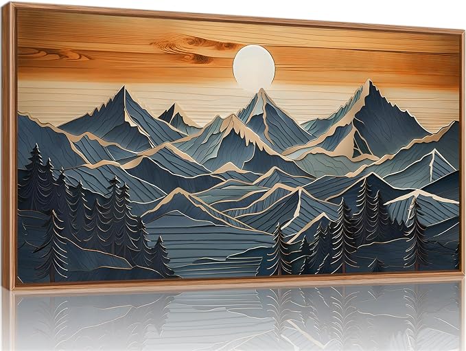 Tinonedraw Large Mountains Framed Canvas Wall Art, Boho Nature Woodcut Forest Art Prints, Mid Century Modern Wall Decor, Sunset Landscape Art Paintings for Living Room Bedroom Office 20"x40"