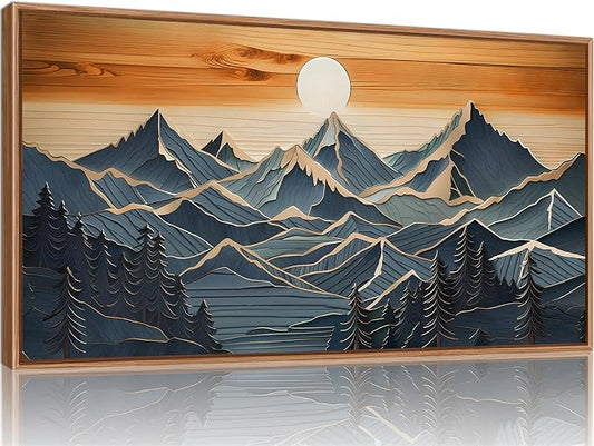Tinonedraw Large Mountains Framed Canvas Wall Art, Boho Nature Woodcut Forest Art Prints, Mid Century Modern Wall Decor, Sunset Landscape Art Paintings for Living Room Bedroom Office 20"x40"
