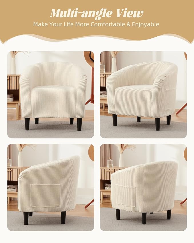 GarveeHome Barrel Accent Chair Corduroy Club Chair Elegant Armchair Cozy Backrest for Living Room Bedroom Reception Room Office - Beige