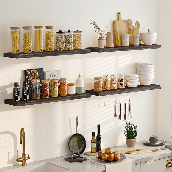 Fun Memories Floating Shelves for Wall Set of 2, Rustic Solid Elm Wood Live Edge Wall Shelves 32 Inch - Invisible Bracket Mount for Living Room, Bathroom, Bedroom, Kitchen, Walnut