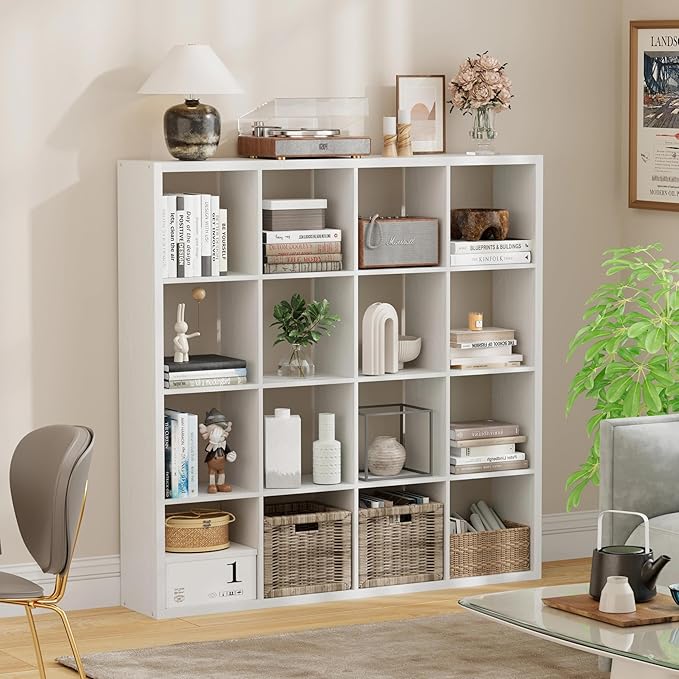 16-Cube Storage Organizer Bookcase, Thick Frame Wood Grain Storage Shelf, Rectangular Cube Open Back Display Unit, 48.8x9.4x48.8 Inches for Living Room, Bedroom, Home Office, White