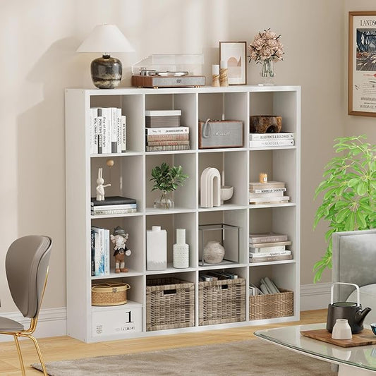 16-Cube Storage Organizer Bookcase, Thick Frame Wood Grain Storage Shelf, Rectangular Cube Open Back Display Unit, 48.8x9.4x48.8 Inches for Living Room, Bedroom, Home Office, White