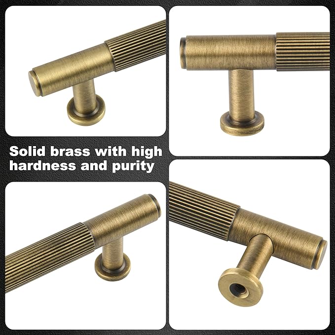 5 Pack Antique Brass Kitchen Cabinet Pulls, 3 Inch Solid Brass Dresser Drawer Handles, Furniture Hardware Door Pulls for Cupborard Wardrobe Closet Vanity