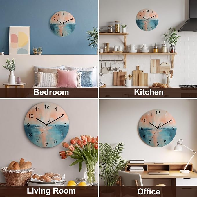 Oil Painting Style Wall Clock Battery Operated Non-Ticking 10" Round Wood Clocks, Abstract Yellow Blue Ocean Sunset Kitchen Wall Clock for School Bathroom Living Room Home Office Wall Decor