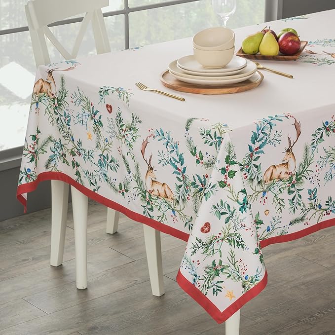 Maison d' Hermine Table Cloth Square Table 100% Cotton 60 x 60 Inches Fall Tablecloth Reusable Everyday Use for Thanksgiving Christmas Decorations Dining Farmhouse Party (Holly Time)