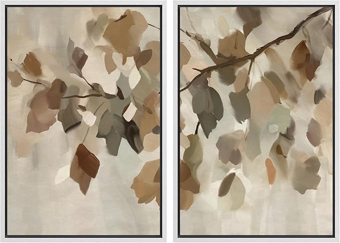 MUDECOR Framed Canvas Print Wall Art Set Abstract Leaf Branch Minimalist Nature-Inspired Beige and Brown Calm/Zen for Living Room, Bedroom, Office - 24"x36"x2 White