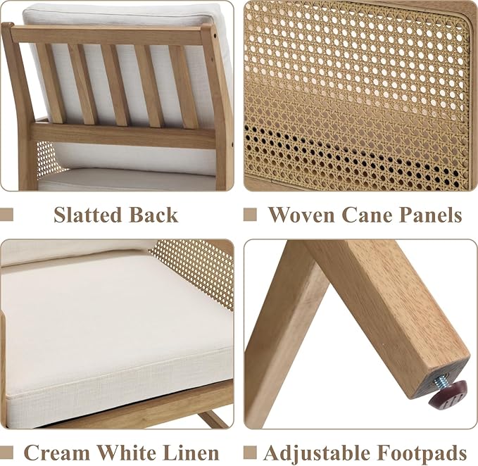 chairus Mid-Century Modern Accent Chairs Set of 2, Upholstered Solid Wood Armchairs with Cane Armrests & Slat Back, Comfy Rattan Reading Chairs for Living Room Bedroom Guest Room, Cream White Linen