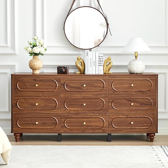 ORRD 9 Drawer Fluted Dresser for Bedroom, Mid Century Modern Chest of Drawers, Wood Storage Small Dresser Organizer for Bedroom Living Room Hallway Closet, Walnut