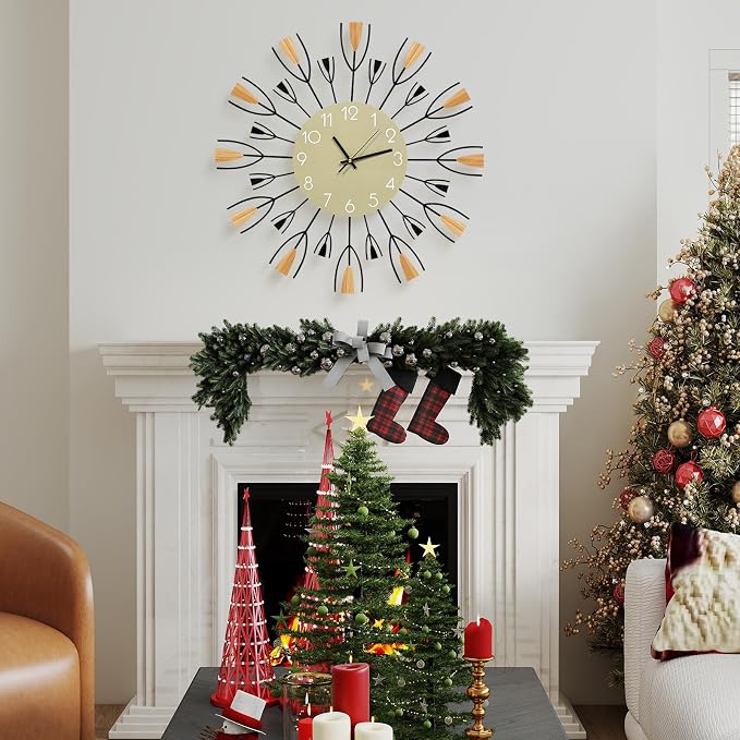 24 Inch Large Modern Wall Clock – Mid Century Sunburst Decorative Silent Non-Ticking Battery Operated Metal Analog Clocks for Living Room, Entryway, Bedroom, Office