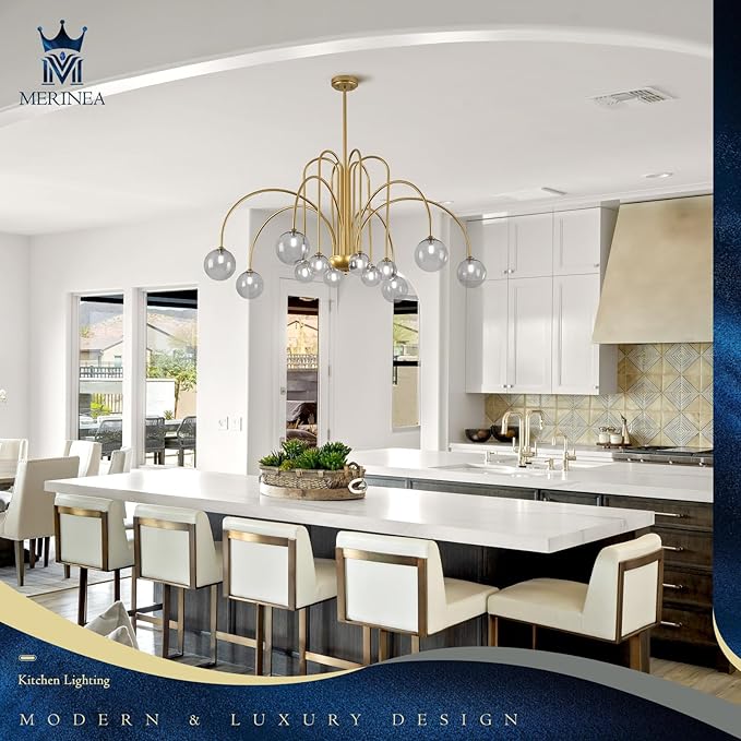 Modern Gold Sputnik Chandelier Mid Century 12 Lights Large L52” Smoke Glass Globe Pendant Light Fixture for High Ceiling Foyer Staircase Living Dining Room