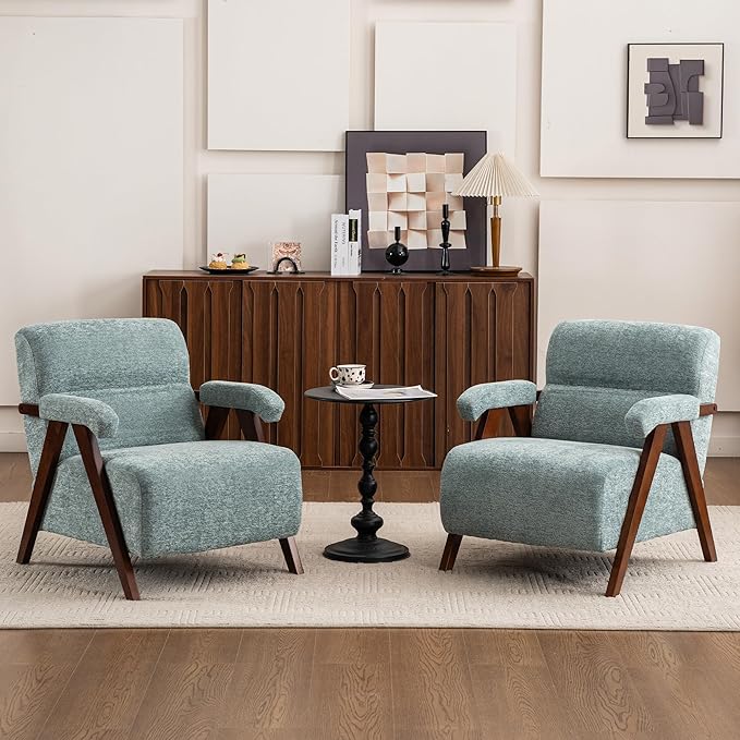 Accent Chair Set of 2 Mid Century Modern Living Room Chairs with Thick Cushion Comfy Upholstered Armchair Cozy Small Side Chairs for Reading Room Bedroom Sage