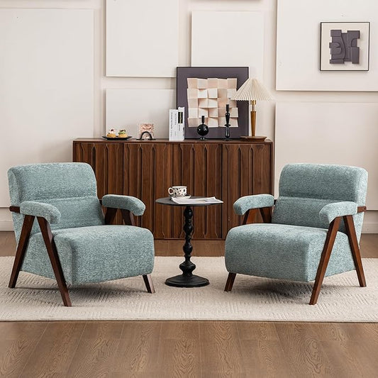 Accent Chair Set of 2 Mid Century Modern Living Room Chairs with Thick Cushion Comfy Upholstered Armchair Cozy Small Side Chairs for Reading Room Bedroom Sage