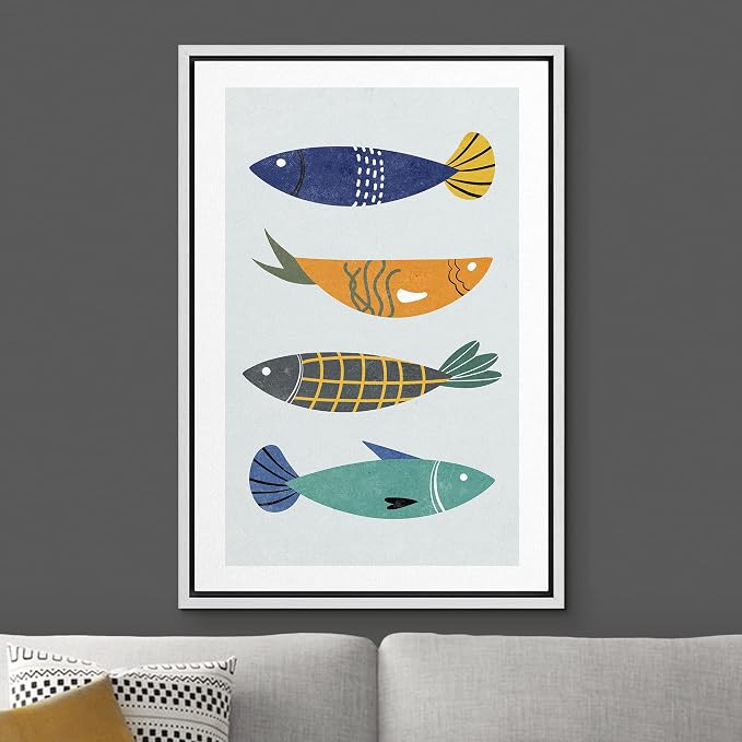 Woodrose Framed Canvas Print Wall Art Retro Pattern Vintage Fish Variety Animals Shapes Illustrations Modern Minimalist Chic Relax/Calm Multicolor for Living Room, Bedroom, Office - 16"x24" White
