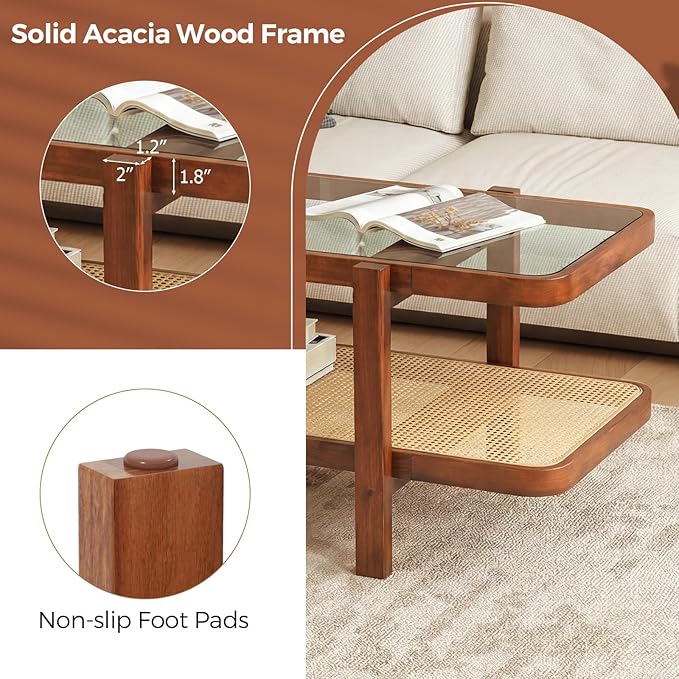 Giantex Rattan Coffee Table, 47.5" Rectangle Solid Wood Tea Table w/Tempered Glass Tabletop, Rattan Storage Shelf, 2-Tier Boho Coffee Tables, Farmhouse Center Table for Living Room (Brown)