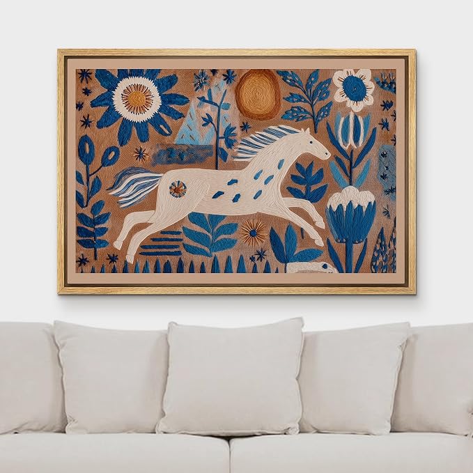 MUDECOR Framed Canvas Print Wall Art Folk Art White Horse with Blue Floral Botanical Illustrations Minimalism Decorative Bohemian Colorful Zen for Living Room, Bedroom, Office - 16"x24" NATURAL