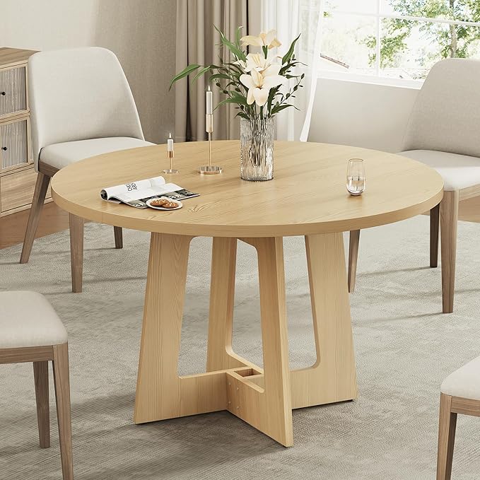Round Dining Table for 4, Farmhouse Kitchen Table, Wooden Circle Table, 300lb Capacity & Easy Assembly for Home Dining Room Kitchen Living Room (Natural Oak)