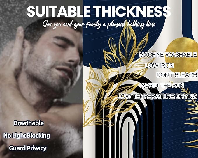 Mid Century Modern Navy Blue Shower Curtain Boho Dark Blue and Gold Leaves Shower Curtains for Mens Bathroom Decor Sets, Waterproof Cloth Fabric with Hooks, 70x84in
