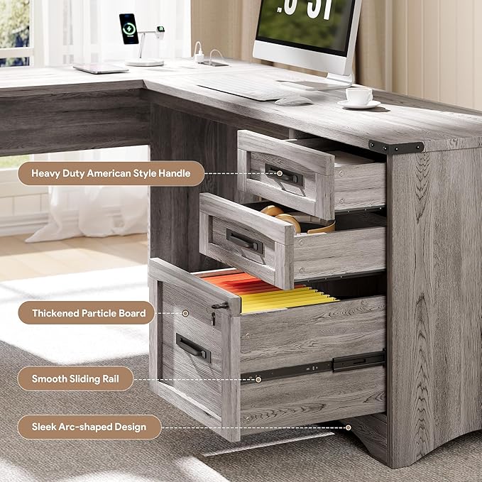 Decofy L Shaped Farmhouse Executive Desk with Drawers, 67" Home Office Desks with Fast Charging Station, Lockable File Cabinet, Wood Writing Computer Desk for Work, Study, Grey