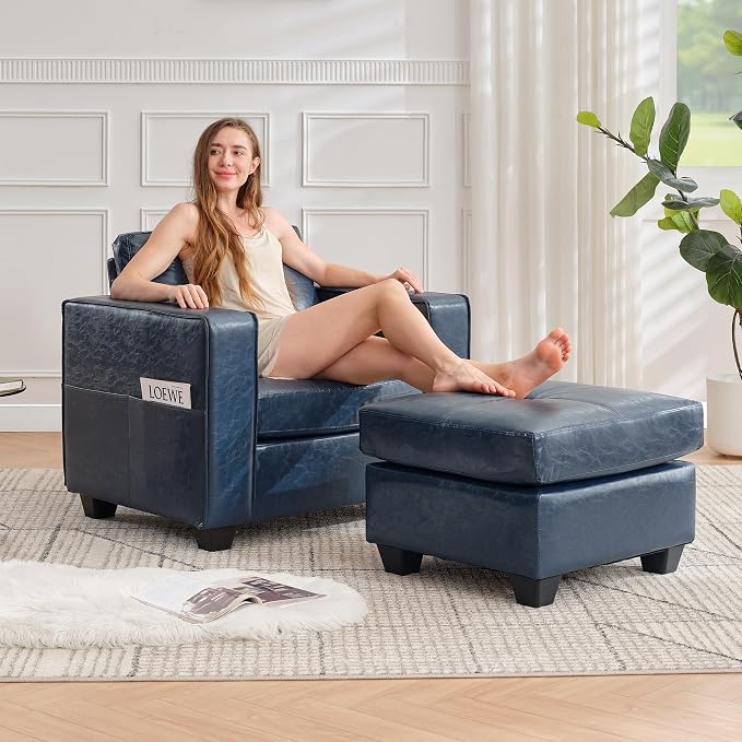 TYBOATLE Oversized Accent Chair with Ottoman, Wide Chaise Lounge Chair Indoor, Mid Century Modern Blue Armchair with Pockets, Leather Comfy Chairs for Bedroom, Living Room, Office