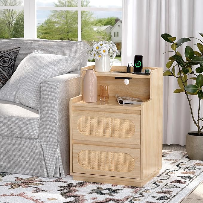 VINGLI Rattan Nightstand with Charging Station, Boho Nightstand with Drawers and Shelves, Wood Night Stand Bedroom, Real Rattan Bed Side Table/End Table，17.72" W*13.86" D*25.6" H