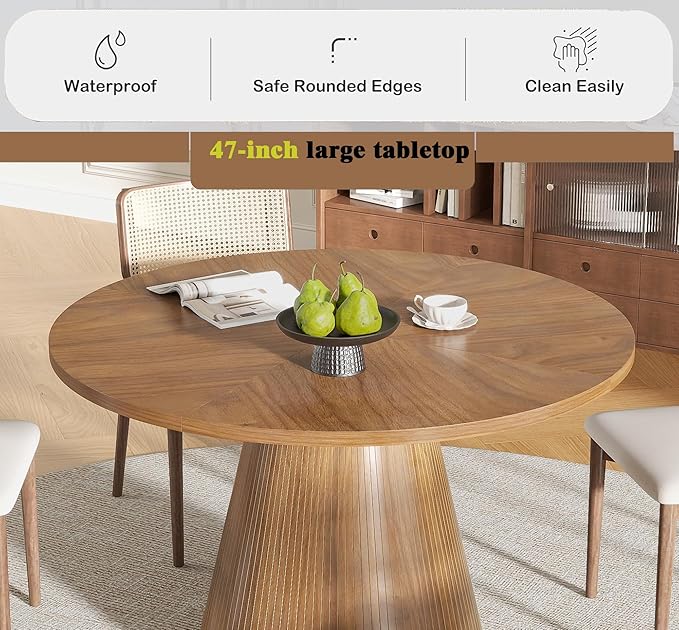 Round Dining Table for 4, Farmhouse Fluted Dining Kitchen Table, 47 Inch Modern Wood Small Circle Dining Table for Kitchen Living Room (Walnut, 47inch)