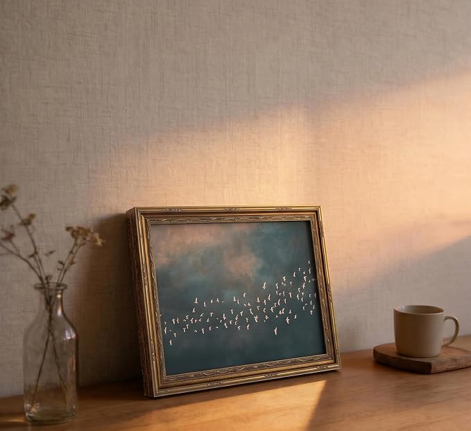 Vintage Gold Framed Flock of Birds in Flight Wall Art, Abstract Teal and Blush Sky Canvas Prints, Minimalist Nature Painting Poster Artworkfor Living Room Bedroom Office Wall Decor，9x11in