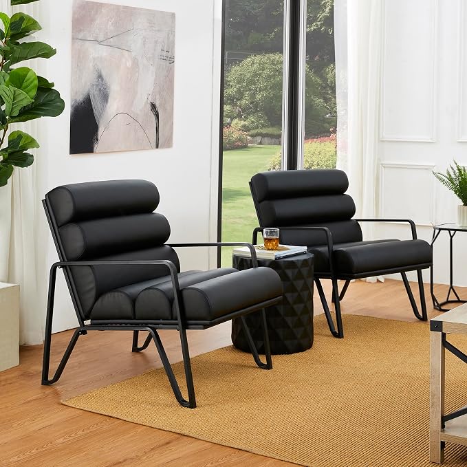 Glitzhome Accent Chairs for Living Room, Modern Armchairs with Metal V-Legs and PU Leather Cushion, Single Sofa Chairs for Living Room/Office/Study, Black