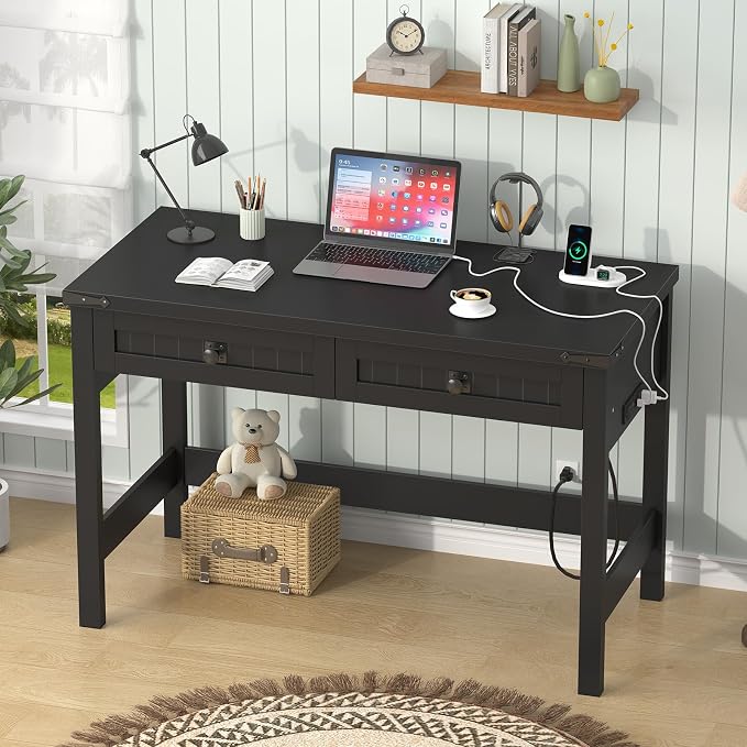 YOMILUVE Farmhouse Computer Desk with 2 Drawers, 39 Inch Small Black Computer Desk with Power Outlets, Home Office Desk Compact Writing Study Table for Small Spaces