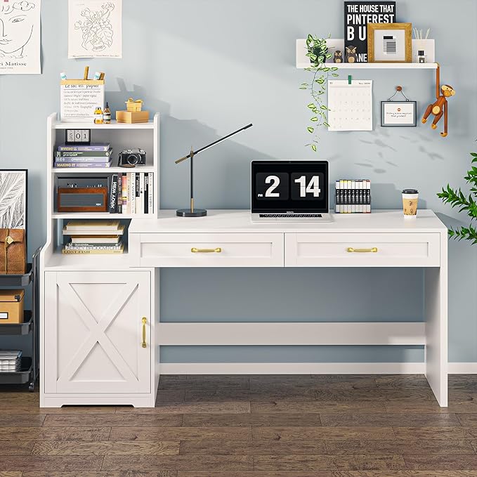 60" Computer Desk with Drawers & Bookshelves, Home Office Desk with Storage Cabinet & Spacious Desktop, Writing Gaming Study Table with Bookcase, White