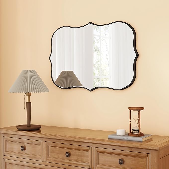 SHYFOY Decorative Wall Mirror Asymmetrical Mirrors for Wall Decor, Black Irregular Mirror for Living Room Decor, Modern Large Mirror Abstract Clound Shape, 24"x35", Scalloped Wood Frame