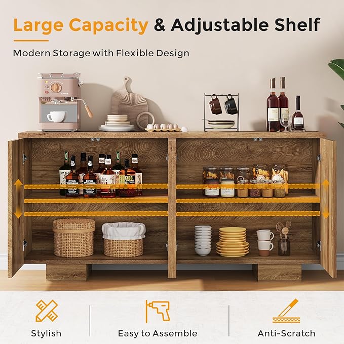 Sideboard Buffet Cabinet with Storage, Farmhouse Coffee Bar Cabinet with 4 Doors & Adjustable Shelves for Living Room, Kitchen, Hallway, Oak
