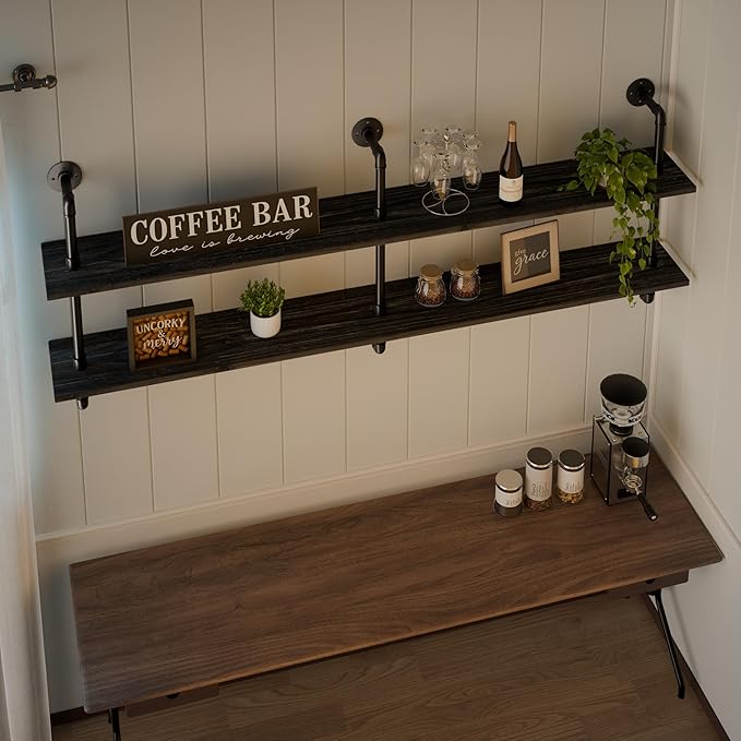 HDDFER Floating Shelves Wall Bookshelf Industrial Pipe Shelving Shelves Real Wood Planks 70 inch Rustic Wall Shelves Hanging Bookshelves Farmhouse Kitchen Bar Shelving
